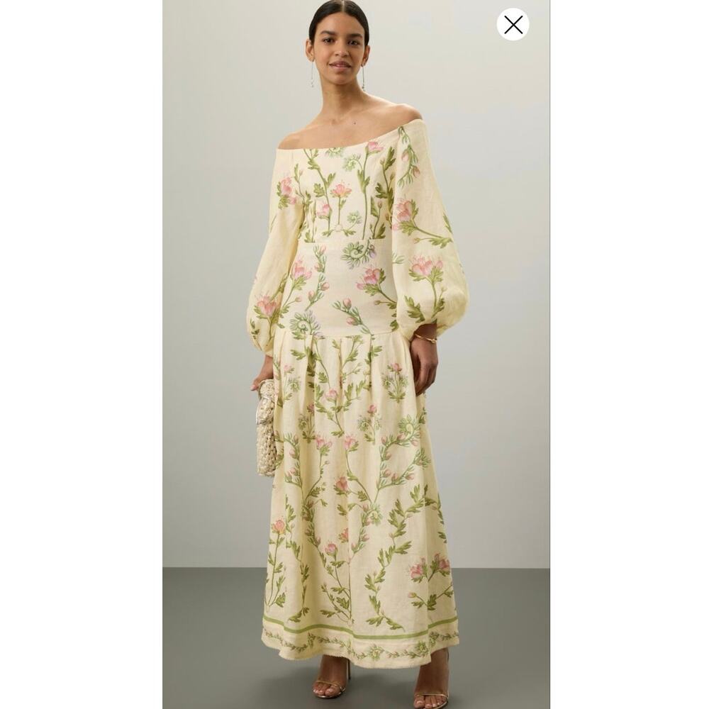 AGUA BENDITA Cream Pink Floral Off the Shoulder Long Sleeve Senlis Oasis Dress